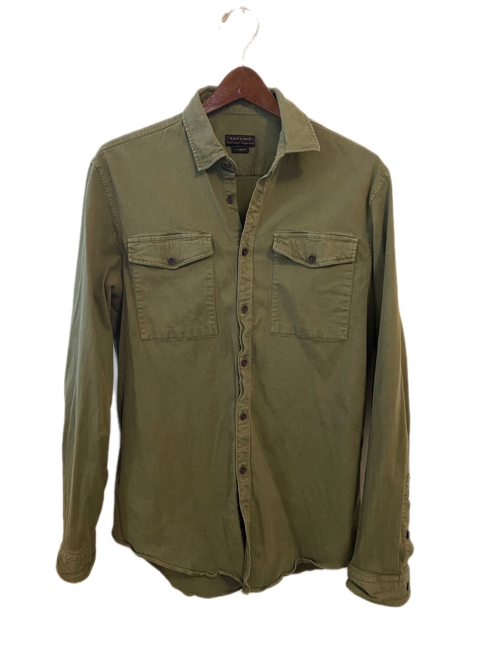 Zara Man Shirt Button Up Large Slim Fit Olive Green Utility Gorpcore Pockets